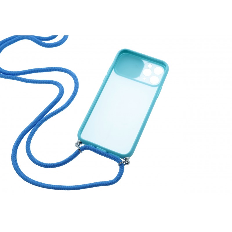 Funda Iphone turquesa con cordón y protector de camara.